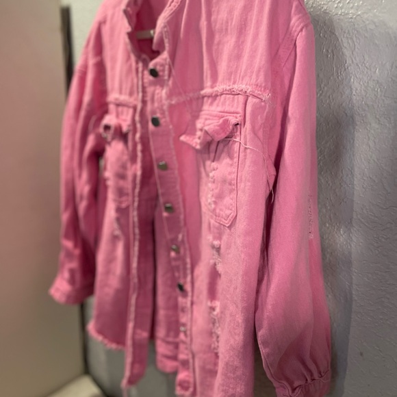 Women's Pink Distressed Denim Jacket - Picture 3 of 6